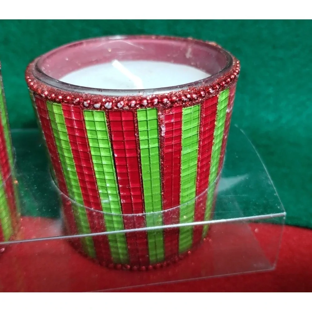 Pier 1 Imports Christmas Red & Green Mosaic Stripes Beaded Edge Votive Candles